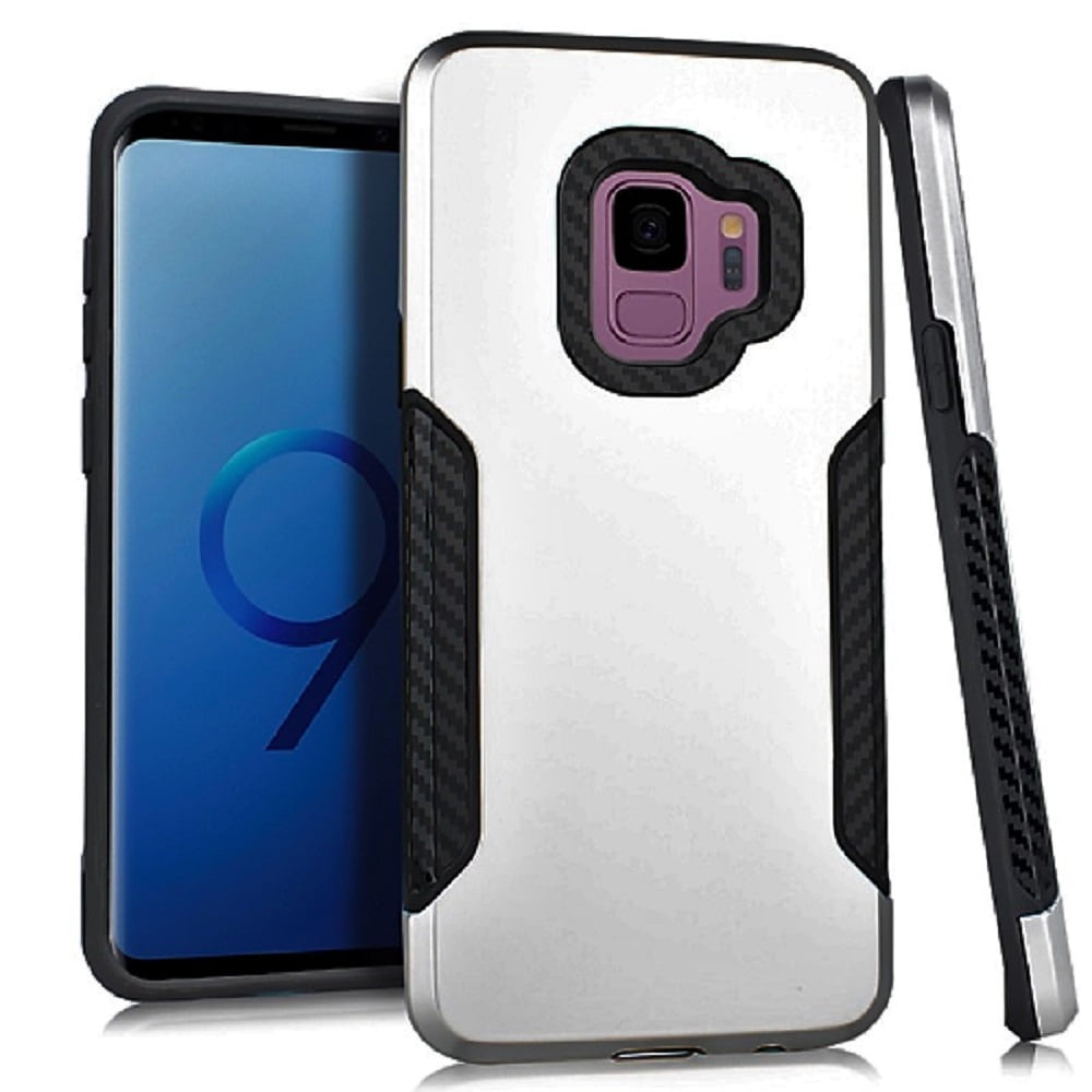 Samsung Galaxy S9 Phone Case, Dual Layer Metallic Shock Proof Protection Cover Case with Carbon Fiber Design (Silver)