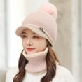 thumbnail image 3 of YAOBAMM Thick Hat Scarf Set Hat Scarf Set 2 Pcs Set Knitted Plush Ball Decor Solid Color Knitted Elastic Soft Thermal Windproof Wide Brim Baseball Neck, 3 of 6