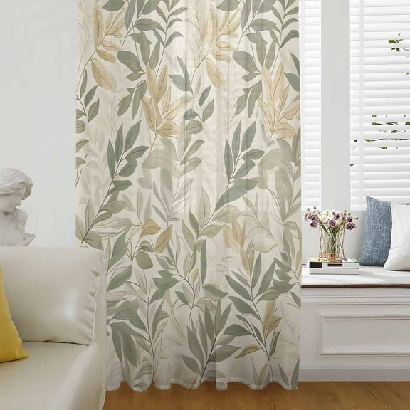 Sage Green Yellow Botanical Semi Sheer Curtains Drapes for Living Room, Bedroom, French Doors Window 84 Inches Long, Vintage Spring Summer Rod Pocket Chiffon Curtain Drapery Voile Draperies Panel
