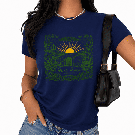 Cozymy Women s Faith Believer Gift Vintage Easter Tomb Crown Scripture Verse Short Sleeve Crewneck Navy Blue Tops
