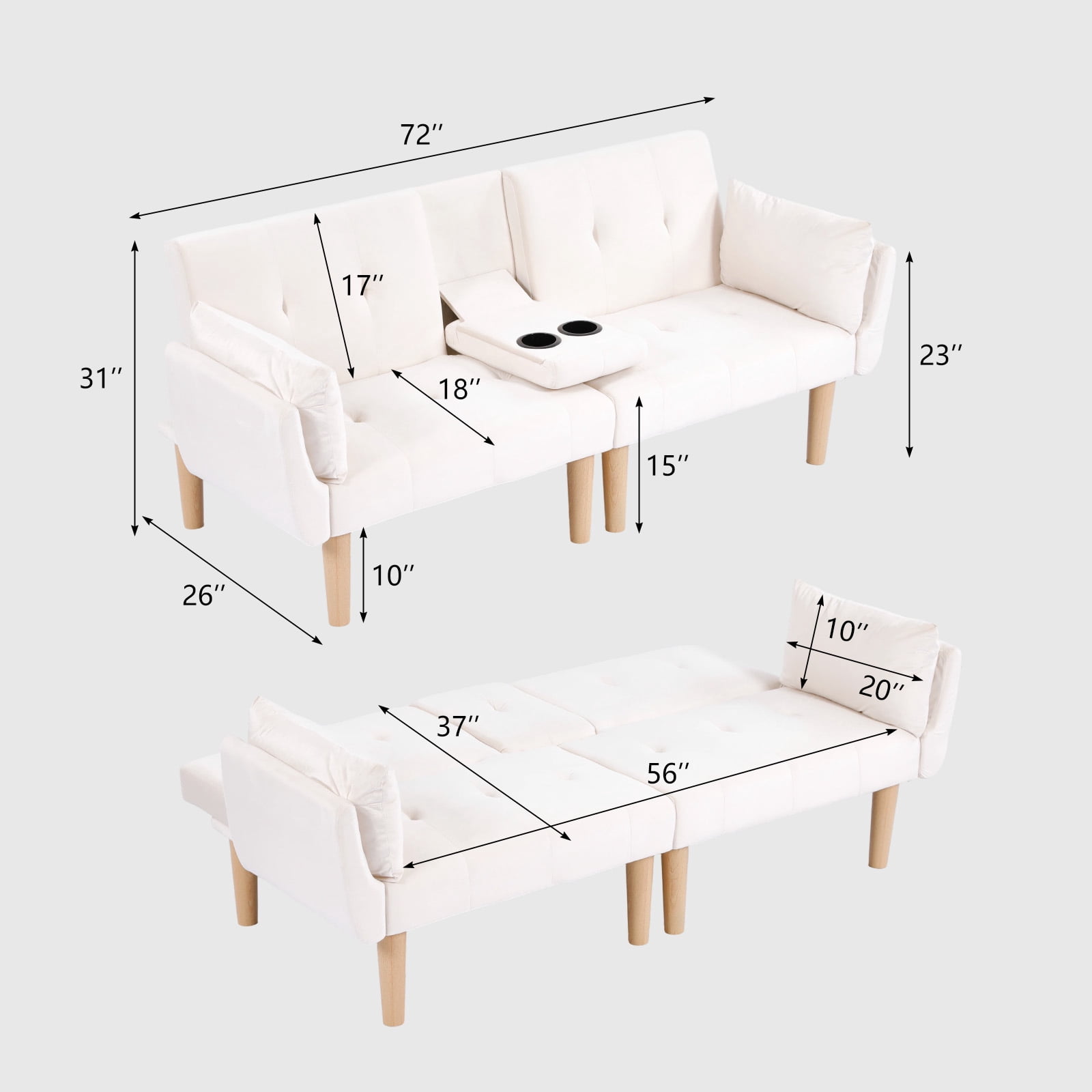 Leumius 72 Inch Futon Sofa Bed,Velvet Futon Couch with Adjustable Backrest and Cupholders,Suitable for Apartment,Living Room,Small Space,Beige