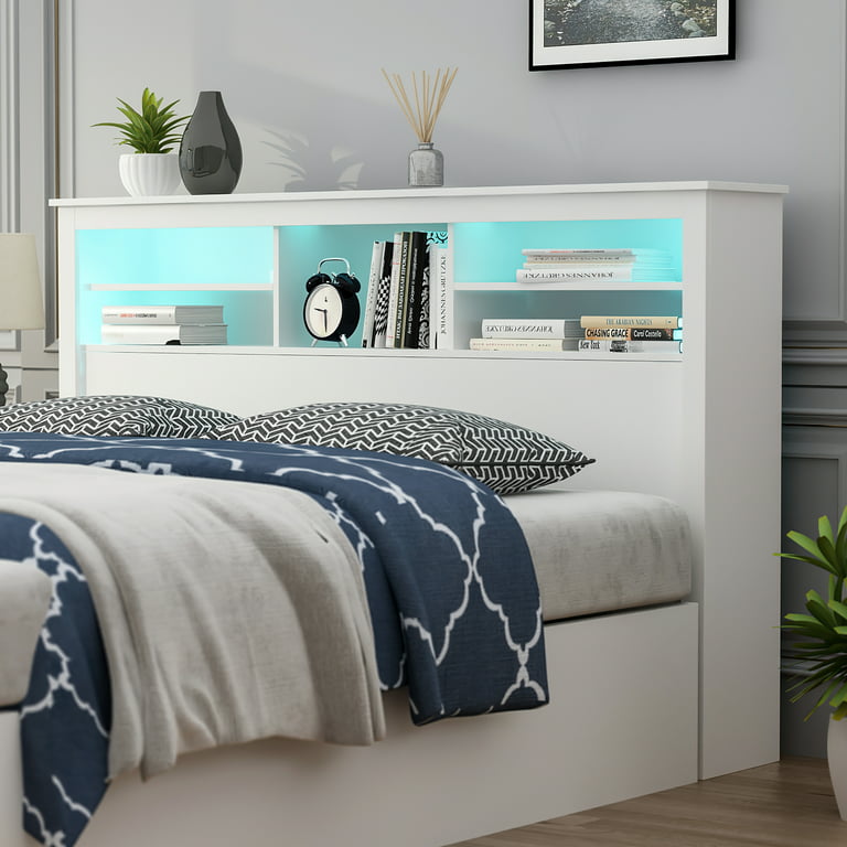 White Full Queen Bookcase Headboard Wooden Storage Shelves Bedroom  Furniture
