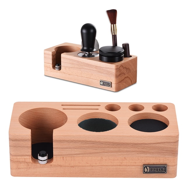 Espresso Tamping Station Fits for 54mm Espresso Accessories Beech Wooden Can Adjustable Coffee Tamper Holder/Portafilter Holder with Anti Slip Bottom 5 Holes