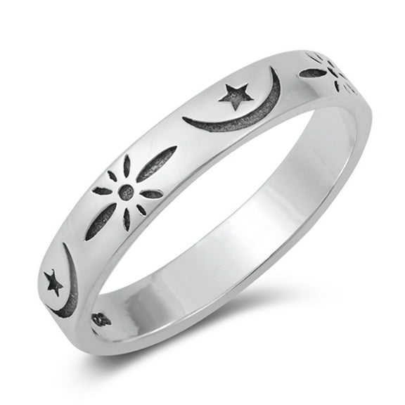 Polished Star Moon Fantasy Ring .925 Sterling Silver Band Jewelry Female Male Unisex Size 4