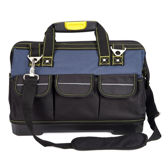 Heavy Duty 19 Inch Tool Bag – Large Wide Mouth Waterproof Oxford Tool Tote with Plastic Molded Base – Adjustable Shoulder Strap – Ideal for Mechanics, Contractors, Electricians – Blue