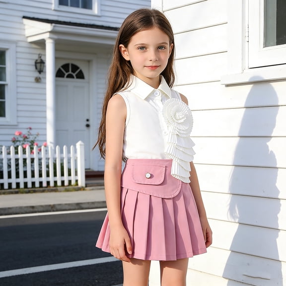 hengsof Girl's 2 Piece Skirt Set Flower Sleeveless Button Down Shirt Pleated Skirt Cute Outfit Summer Lapel Fashion Shirt Set