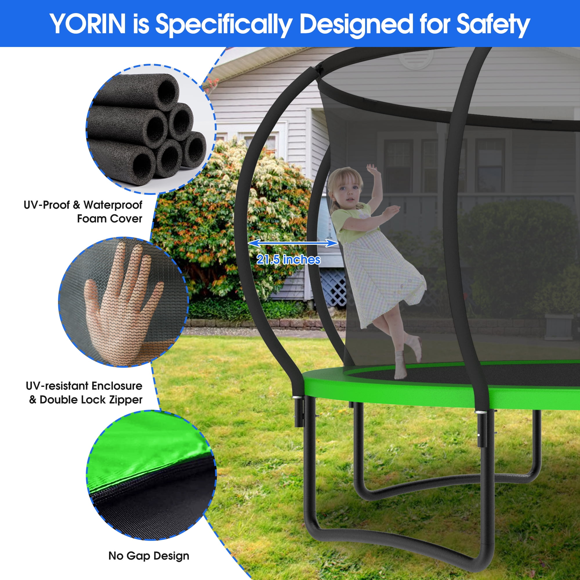 YORIN Trampoline for 2-3 Kids, 8FT Trampoline for Adults with Enclosure Net, Basketball Hoop, Ladder, 800LBS Weight Capacity Outdoor Recreational Trampoline, Heavy Duty Trampoline