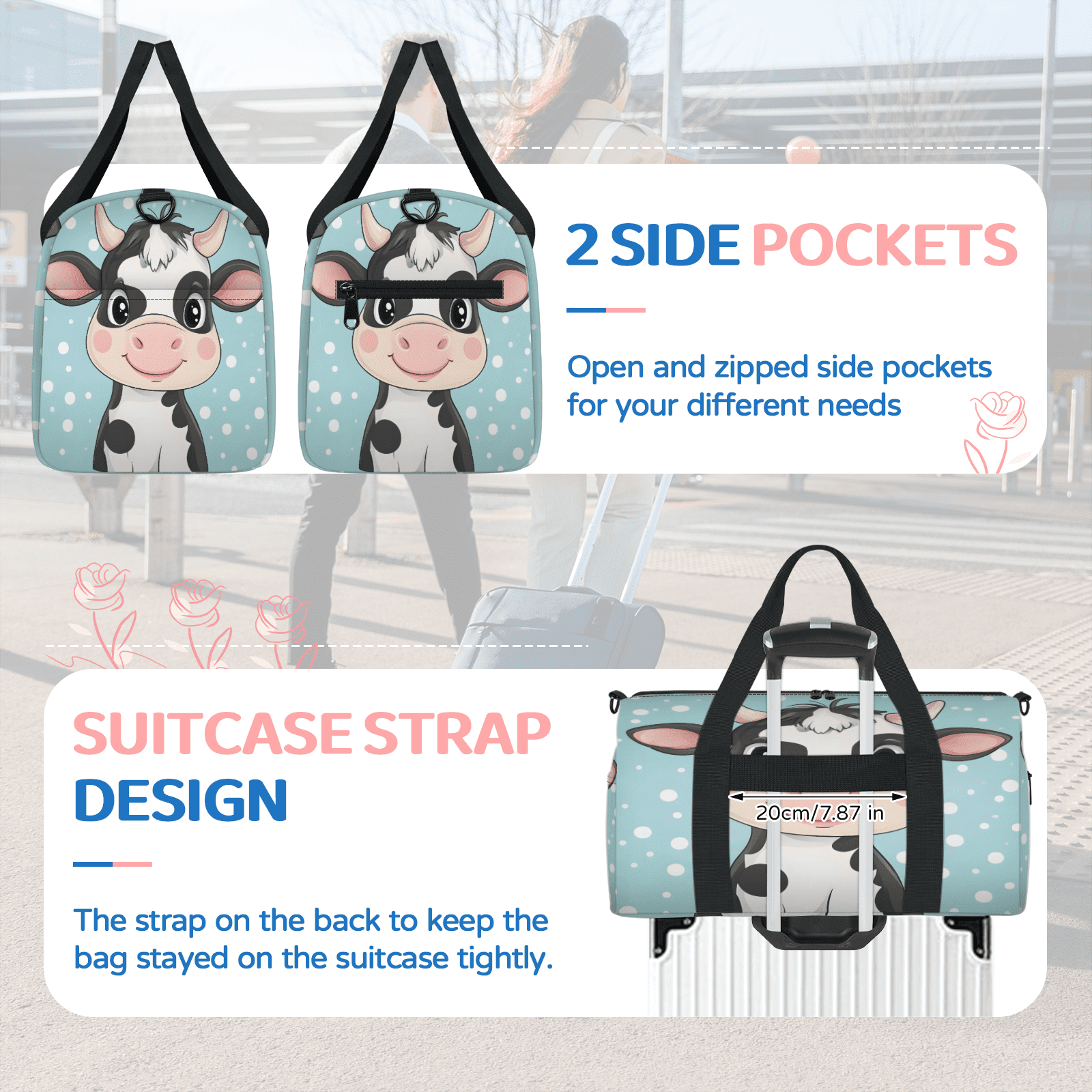 Herdesigns Blue Travel Duffle Bag Sports Yoga Weekender Overnight Carry on Workout Bags Lightweight Waterproof Gym Tote Bag for Women Cow