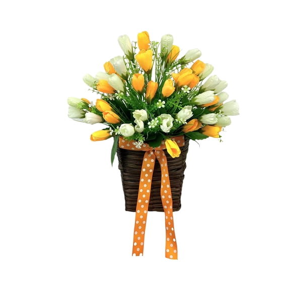 HuiXinOu Artificial Tulips Bouquet in Basket, Fake Silk Flowers Home Decor, Realistic Floral Arrangement for Living Room Table Centerpiece, Wedding Party Decorations
