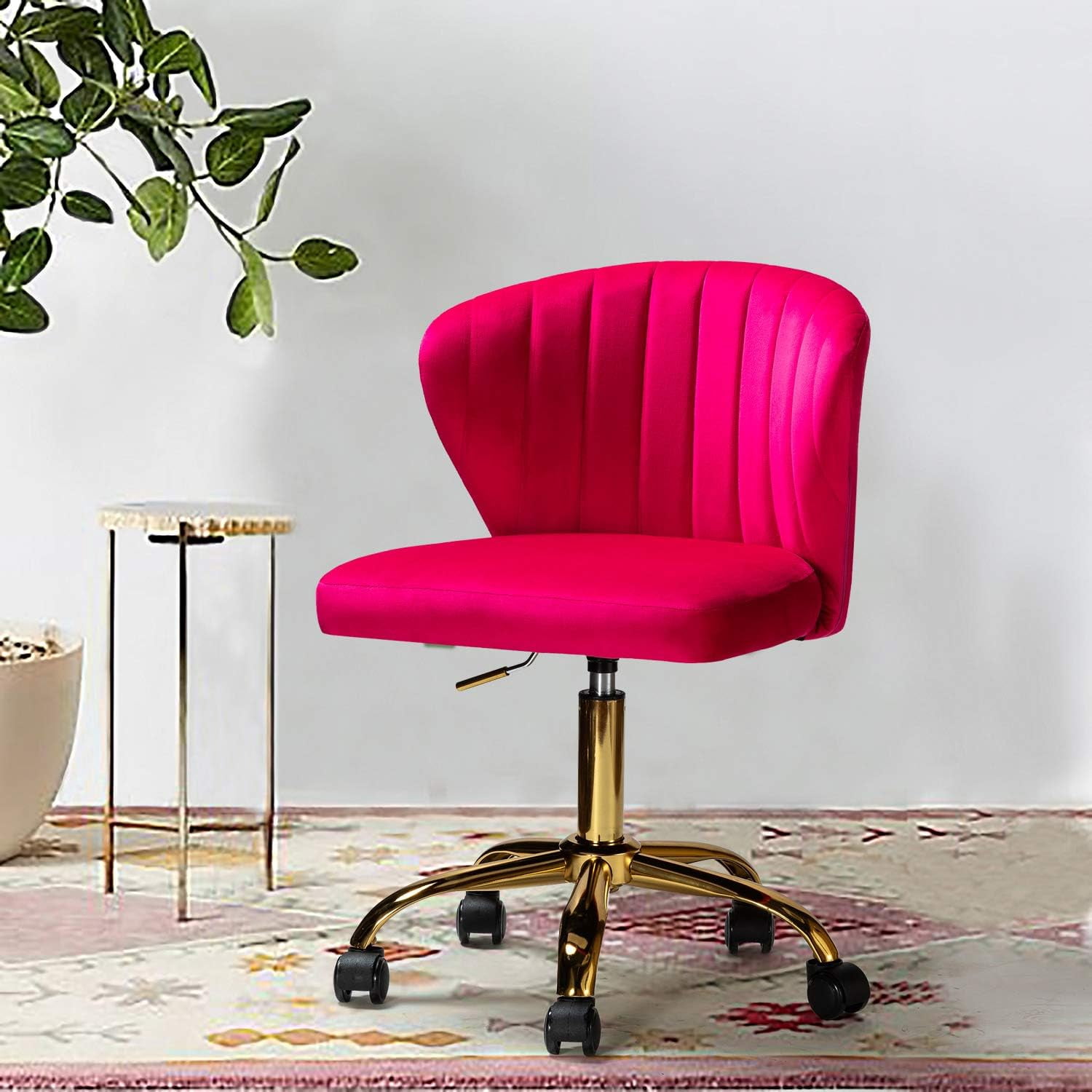 Office Desk Chairs with Wheels & Gold Base, Modern Velvet Cute Armless Office Chair, Adjustable Low Back Swivel Rolling Chair, Upholstered Task Chair for Living Room Vanity Study-Fushia