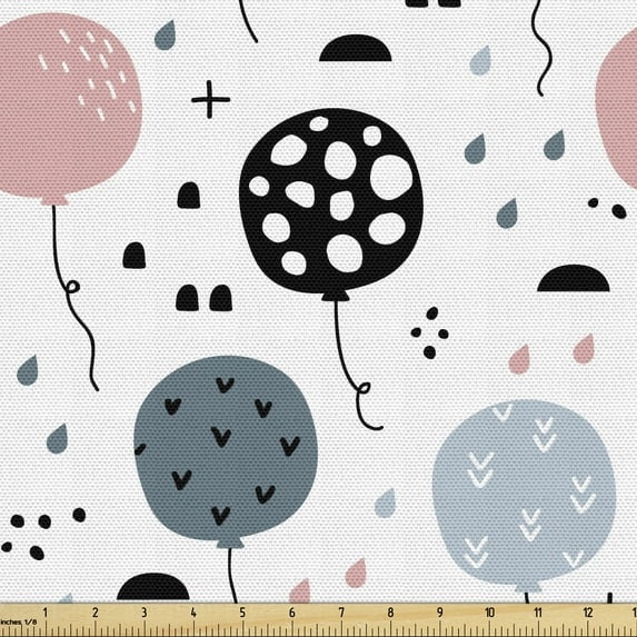 Cartoon Fabric by the Yard, Pastel Party Balloons Heart Raindrops Stripes Joyful, Decorative Upholstery Fabric for Chairs & Home Accents, Slate Blue Blush Black by Ambesonne