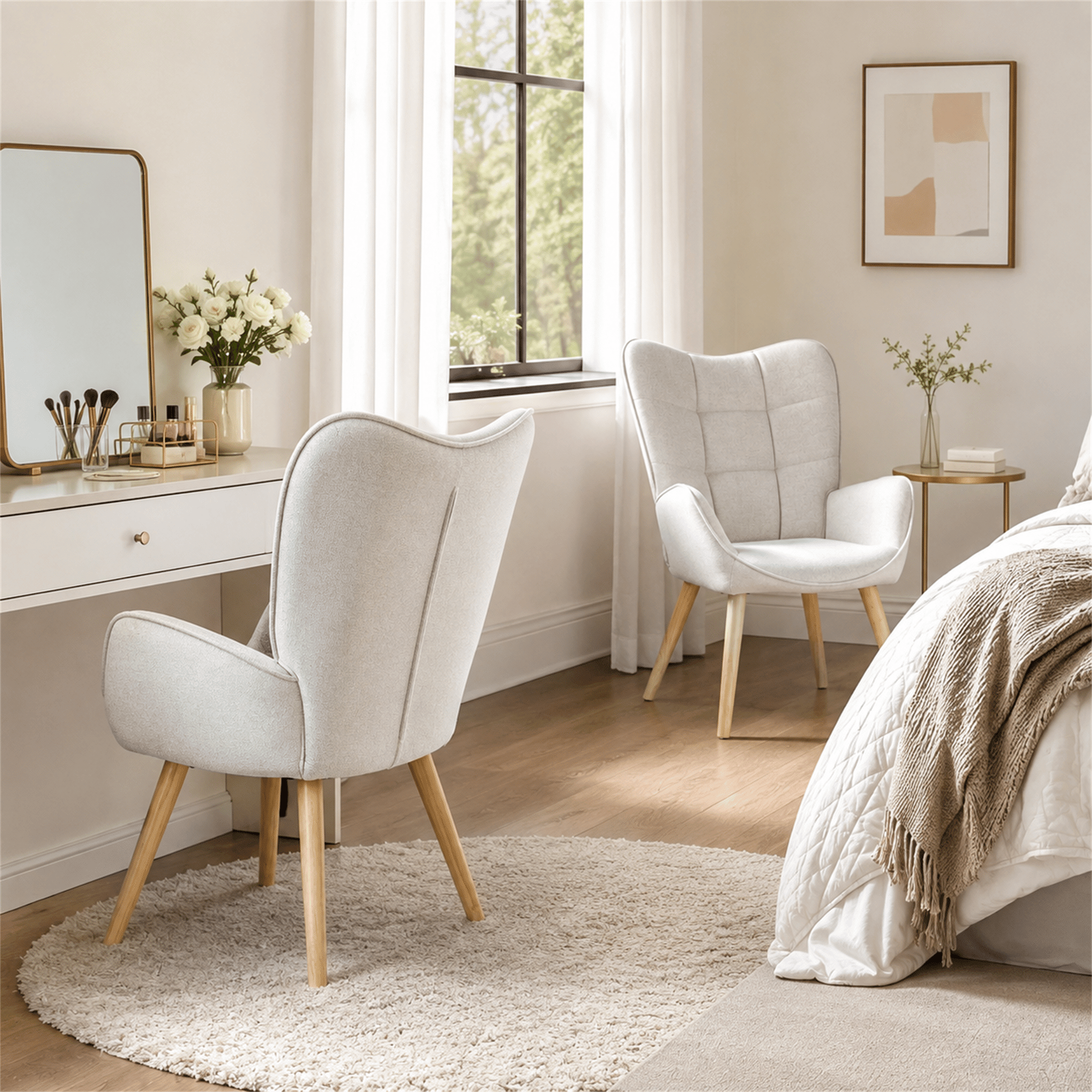 Homy Casa Set of 2 Ivory Fabric High Back Accent Chairs with Armrests for Living Room and Bedroom