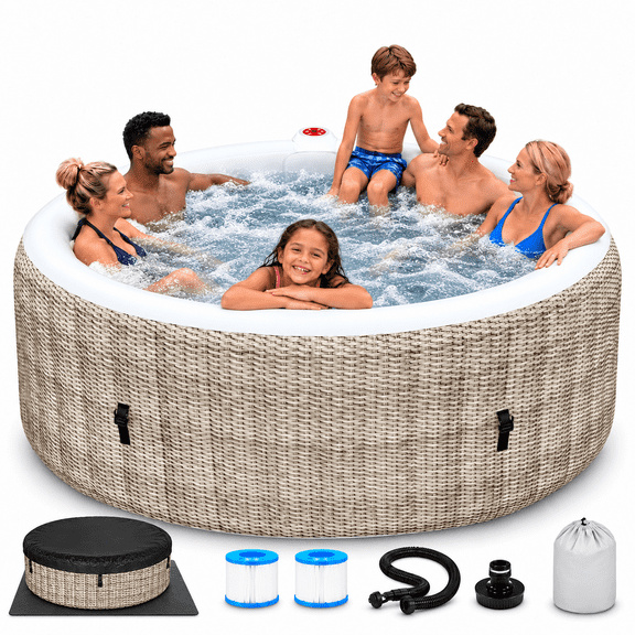 82" Round Inflatable Hot Tub, 6 Person Outdoor Spa with 130 Bubble Jets, 104°F Heating, Rattan-Style Durable PVC, Cover & Filter, 264 Gal, Beige