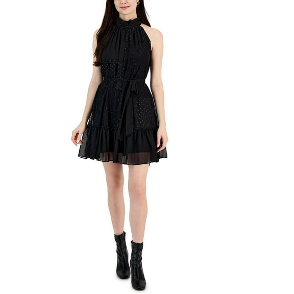 Taylor Womens Lace Trim Belted Halter Dress Black 6