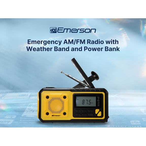 Emerson ER-7051 Emergency AM/FM Radio with Weather Band, Power Bank, and LED Emergency Light, Yellow