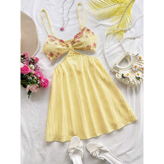 Women's Vacation Light Yellow Waist Hollow V-Neck Spaghetti Strap Summer Dress Set