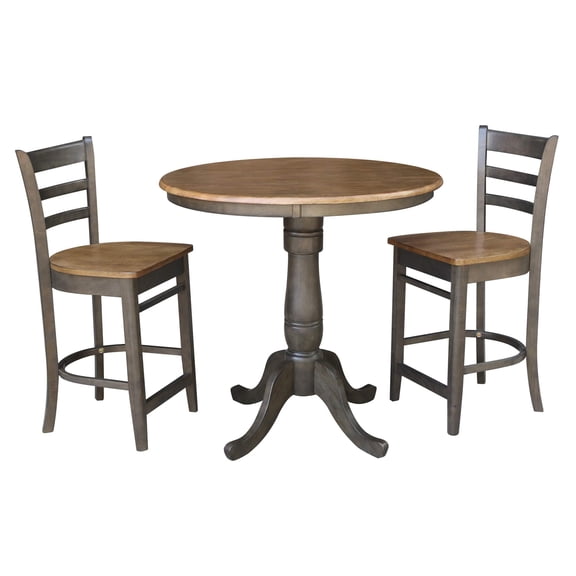 36" Round Wood Counter Height Table With 2 Emily Stools in Hickory/Washed Coal