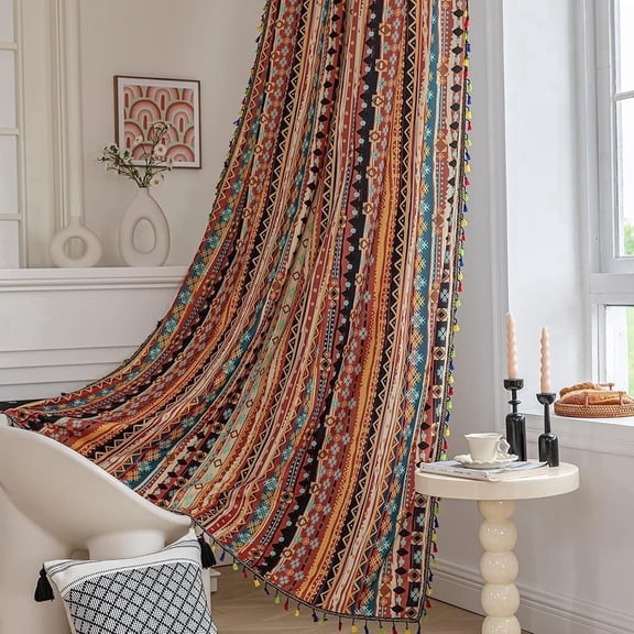 Erbnaryx Boho Curtains Geometric Light Filtering Semi-Blackout Window Curtains 72 Inches Long Rod Pocket Drapes for Living Room 2 Panels-Vintage Red