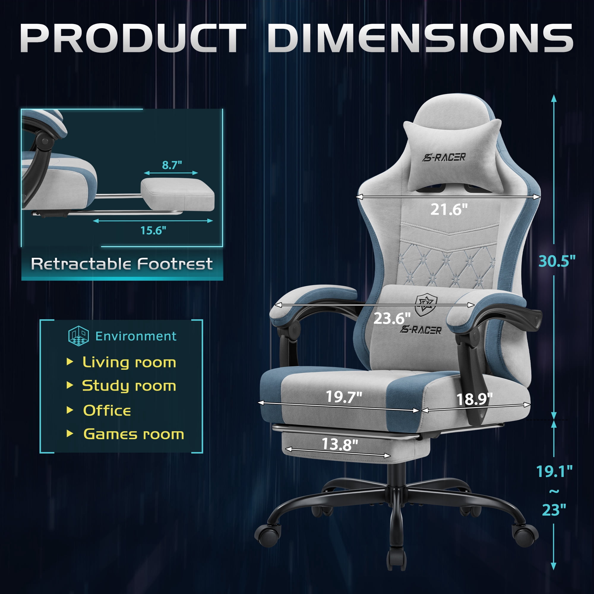 Homall Reclining Gaming Chair Premium Technical Fabric Massage Video Game Chair with Headrest, Lumber Support and Footrest, Gray