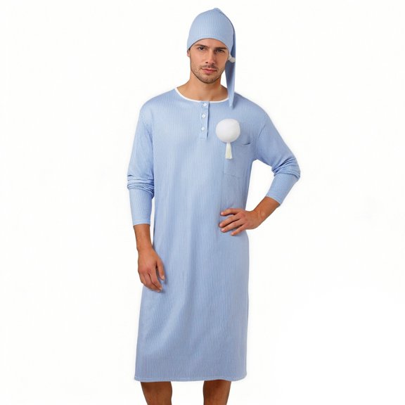 Mens Pajamas Trendy Long Sleeve Button Striped Sleepshirt with Hat Sleepwear,Light Blue,M
