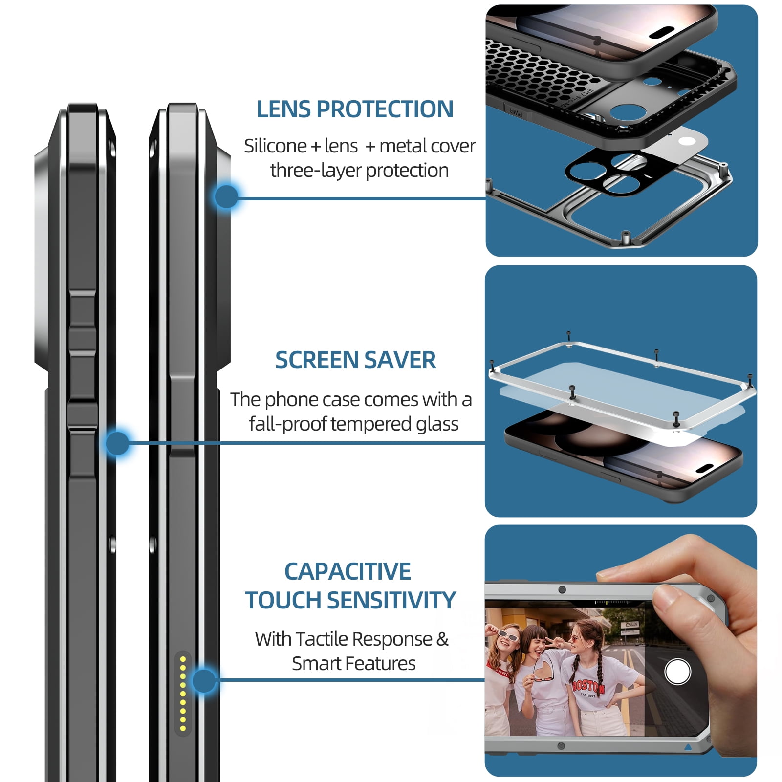 Dteck for iPhone 17 Pro Max (2025) Case, Heavy Duty Metal Full Body Protective Cover Shockproof Aluminum Alloy Cover with Silicone Built-in Screen Protector, Silver