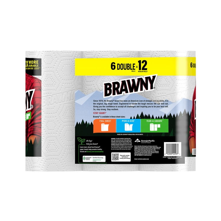 Brawny Tear-A-Square Carta Assorbente – 6 Rotoli Doppi (come 12 Normali) – Fogli In 3 Misure (Quarto, Metà, Intero) - 5