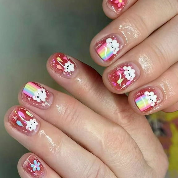 Short Square Press on Nail French Tips Fake Nail Full Cover False Nail with Flower Designs Artificial Acrylic Nail