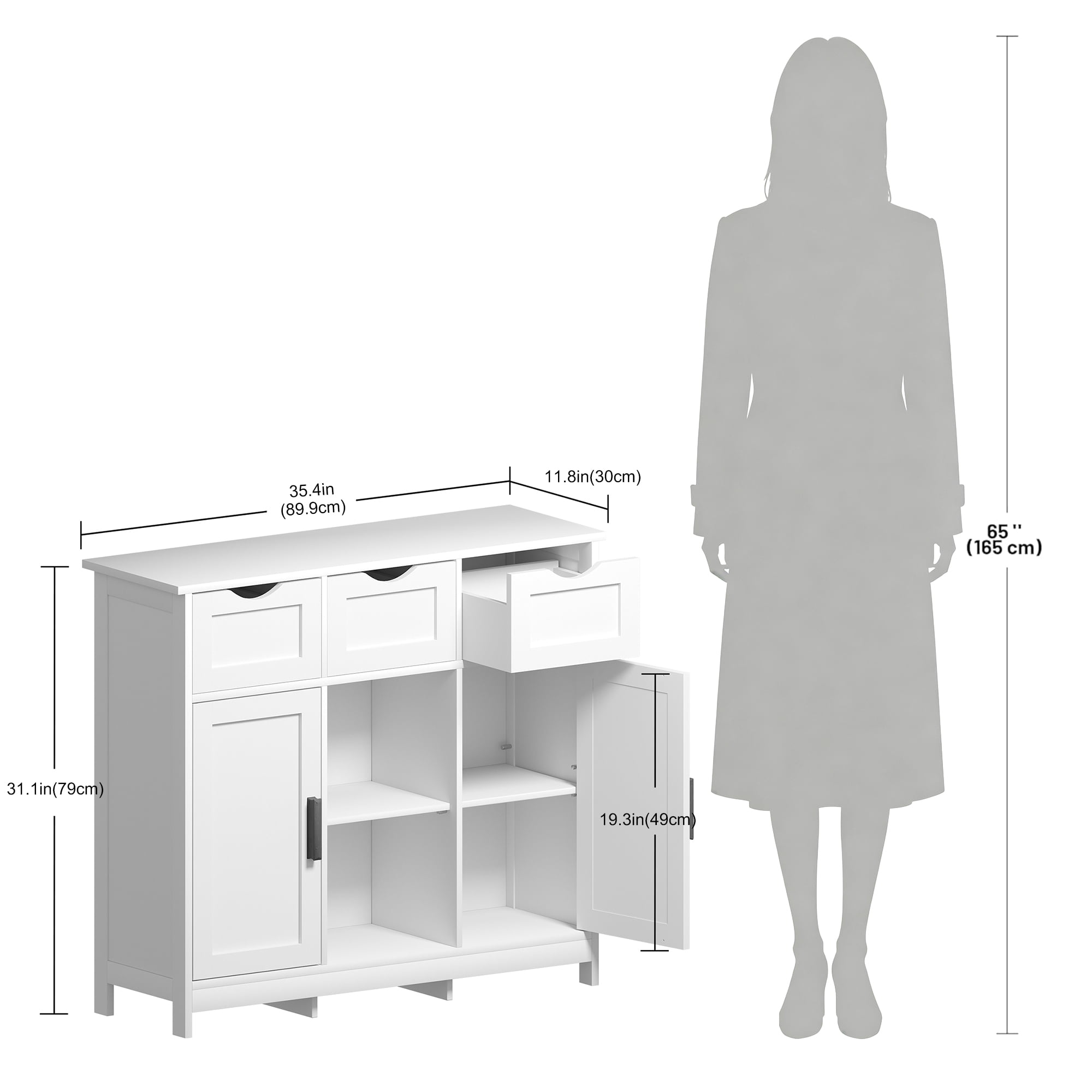 GARITIN Storage Cabinet with Drawers & Shelves, Wooden Floor Cabinet with 3 Drawers, 2 Doors & 3 Adjustable Shelves for Living Room Bedroom Bathroom, White