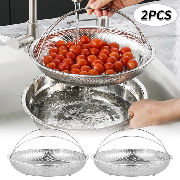 2 Cestas de Drenaje de Acero Inoxidable con Asa | Colador Multiusos Denso y Grueso | Acero Inoxidable de Grado Alimenticio | Juego de Cestas para Lavar Verduras, Enjuagar Arroz y Escurrir Frutas