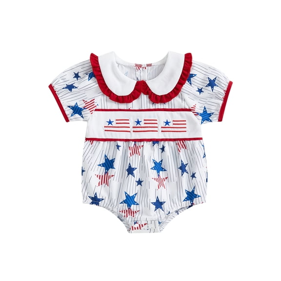 Baby Toddler Girls Summer Romper 3 6 9 12 Months Casual 4th of July Star Stripe Print Doll Collar Short Sleeve Newborn Jumpsuit