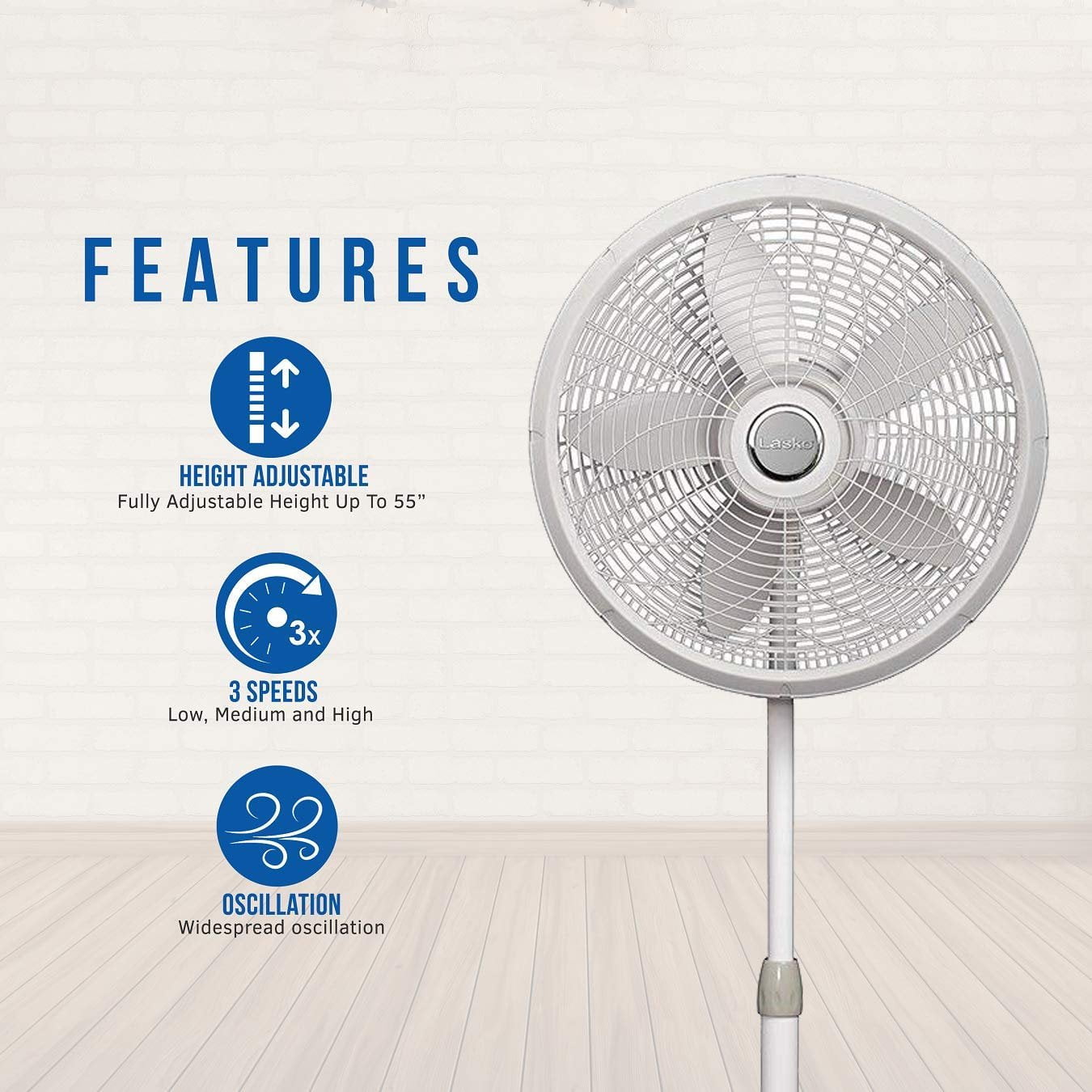 Lasko 1820 18 Elegance & Performance Adjustable Pedestal Fan, White - Features Oscillating Movement Tilt-back Fan Head