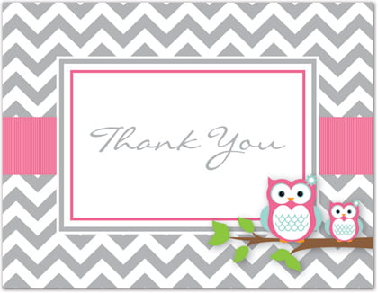 50 Pink Owl Thank You Cards  Baby Shower  Birthday Party  Any Occasion  A6 Size 