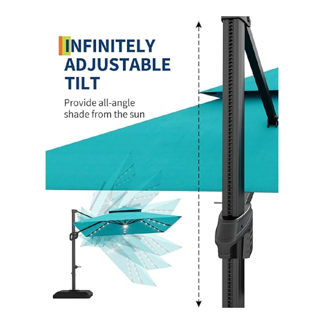 10' x 10' Heavy Duty Cantilever Patio Umbrella with LED Lights & Weighted Base, Square Aluminum Offset Umbrella 360-Degree Rotation for Outdoor Decor, Backyard, Deck, Pool