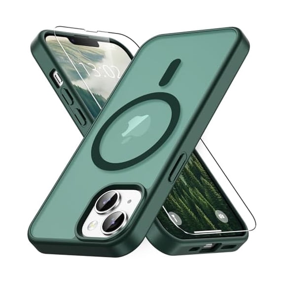 for iPhone 13 Case & iPhone 14 Case, Compatible with MagSafe, Magnetic Translucent Matte Slim Protective Cover with 1 Screen Protector - Military-Grade Shockproof (Dark Green)