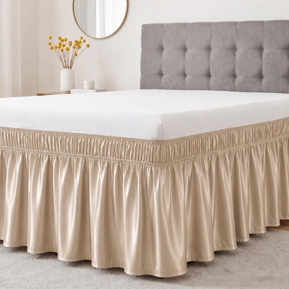 1Pc Solid Color Wrap Around Elastic Bed Skirt, Dust Proof To Hide Under Bed Clutter (Twin,Khaki)