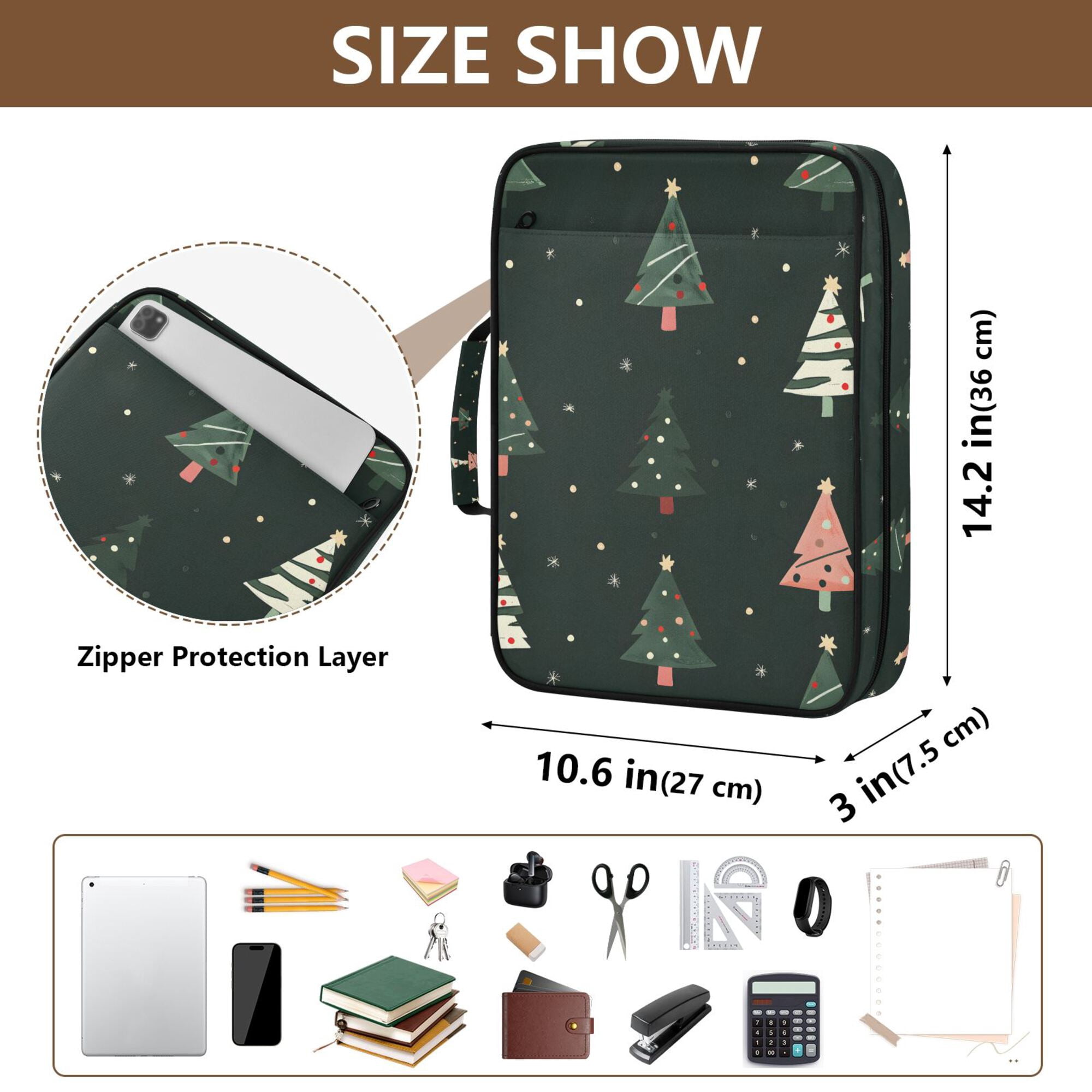 FORMRS Accordion File Folder A4 Size 7-Pocket Expanding Document Organizer Bag with 3 Ring Binder, Green Christmas Trees