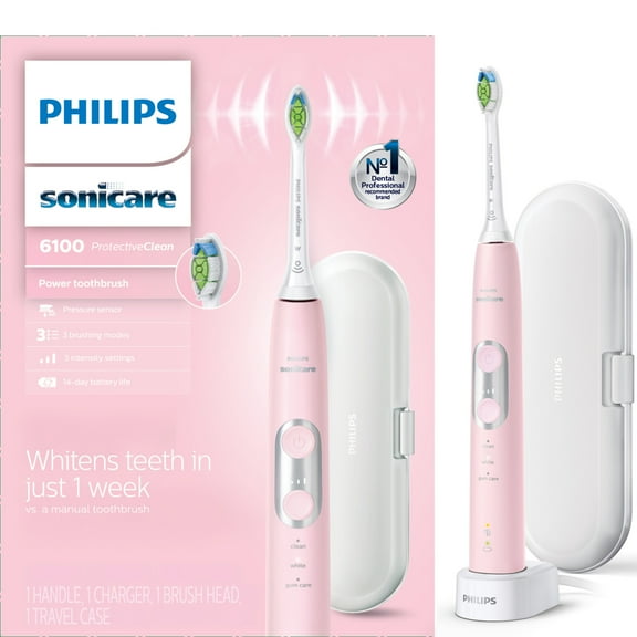 Philips Sonicare ProtectiveClean 6100 Whitening Rechargeable Electric Toothbrush with Pressure Sensor, Pastel Pink Hx6876/21