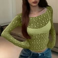 thumbnail image 4 of RYRJJ Womens Sheer Mesh Long Sleeve Cropped Tops Crew Neck See Through Tee Shirts Party Club Night Lace Blouse(Green,M), 4 of 6