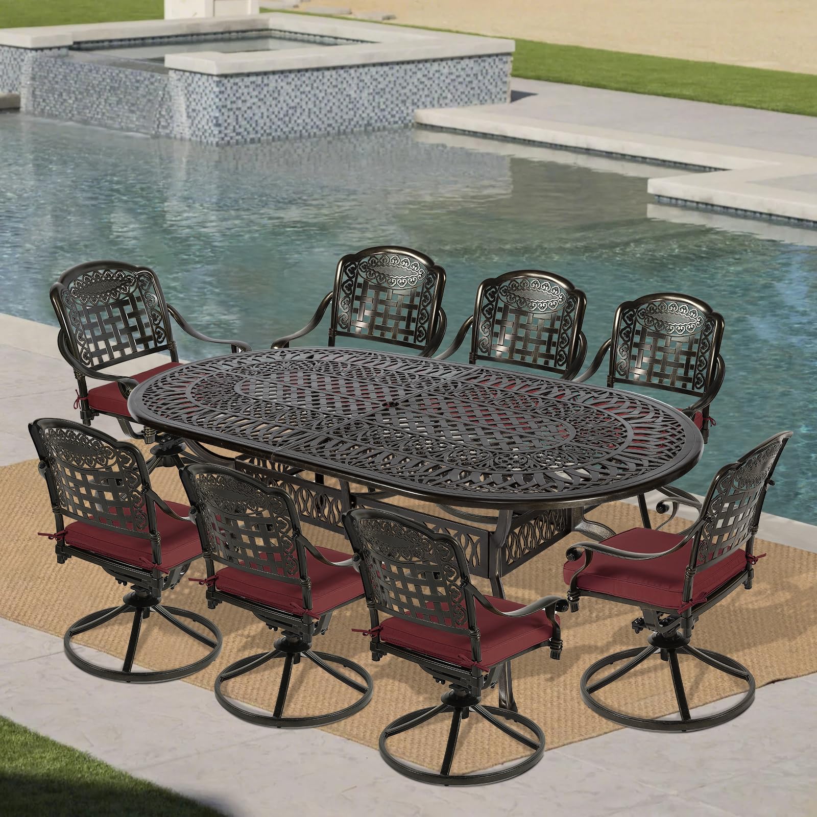 VIVIJASON 9-Piece Outdoor Patio Furniture Dining Set, All-Weather Cast Aluminum Conversation Set, Include 8 Swivel Dining Chairs and an Oval Table with Umbrella Hole for Garden Backyard, Red Cushion