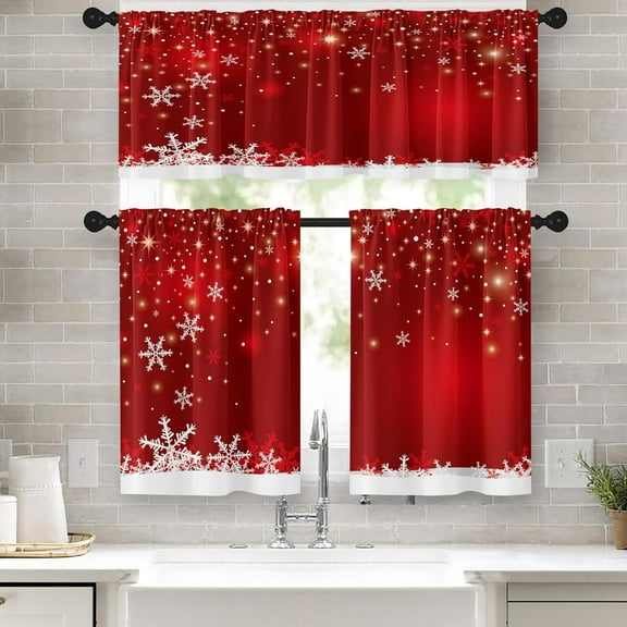Christmas Kitchen Curtains Snowflakes Window Curtains and Valances Set 36 Inch, Red Snow Short Tier Curtains for Kitchen, Winter Xmas Small Kitchen Decor