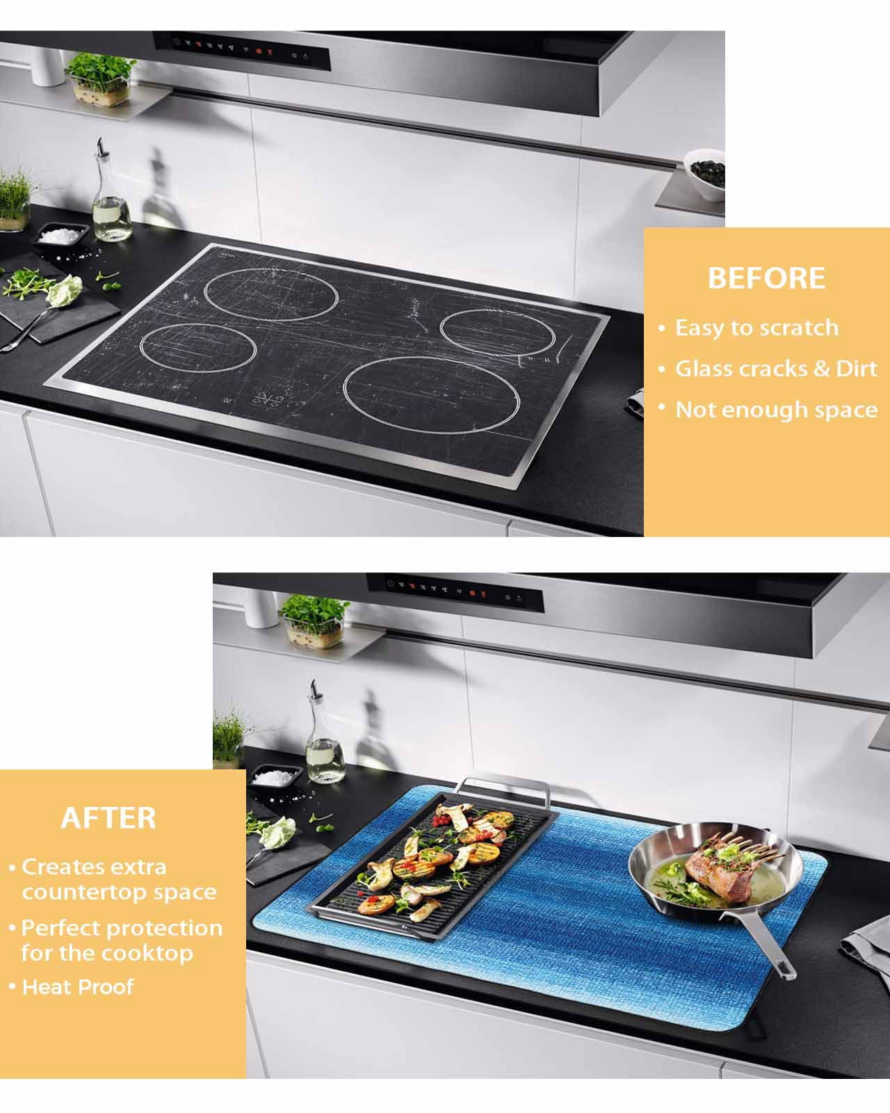 nqOlkjepod Large Induction Cooktop Protector Mat 36"x21", Blue Ombre Stripes Stove Top Covers for Electric Stove, Modern Gradient Abstract Texture Stove Burner Cover Mats, Glass Top Stove Cover