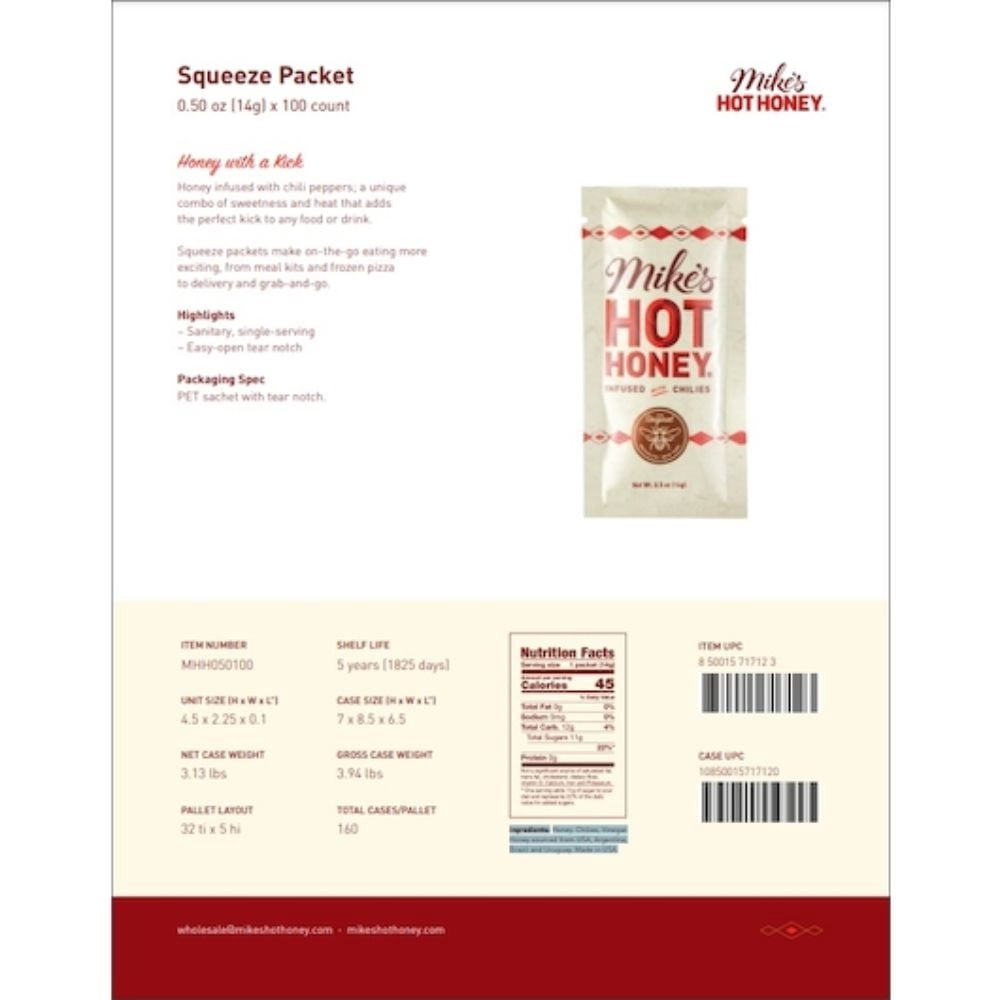Mike s Hot Honey Honey Single Serve, 0.50 Ounce Squeeze Packet, 100 Per Case