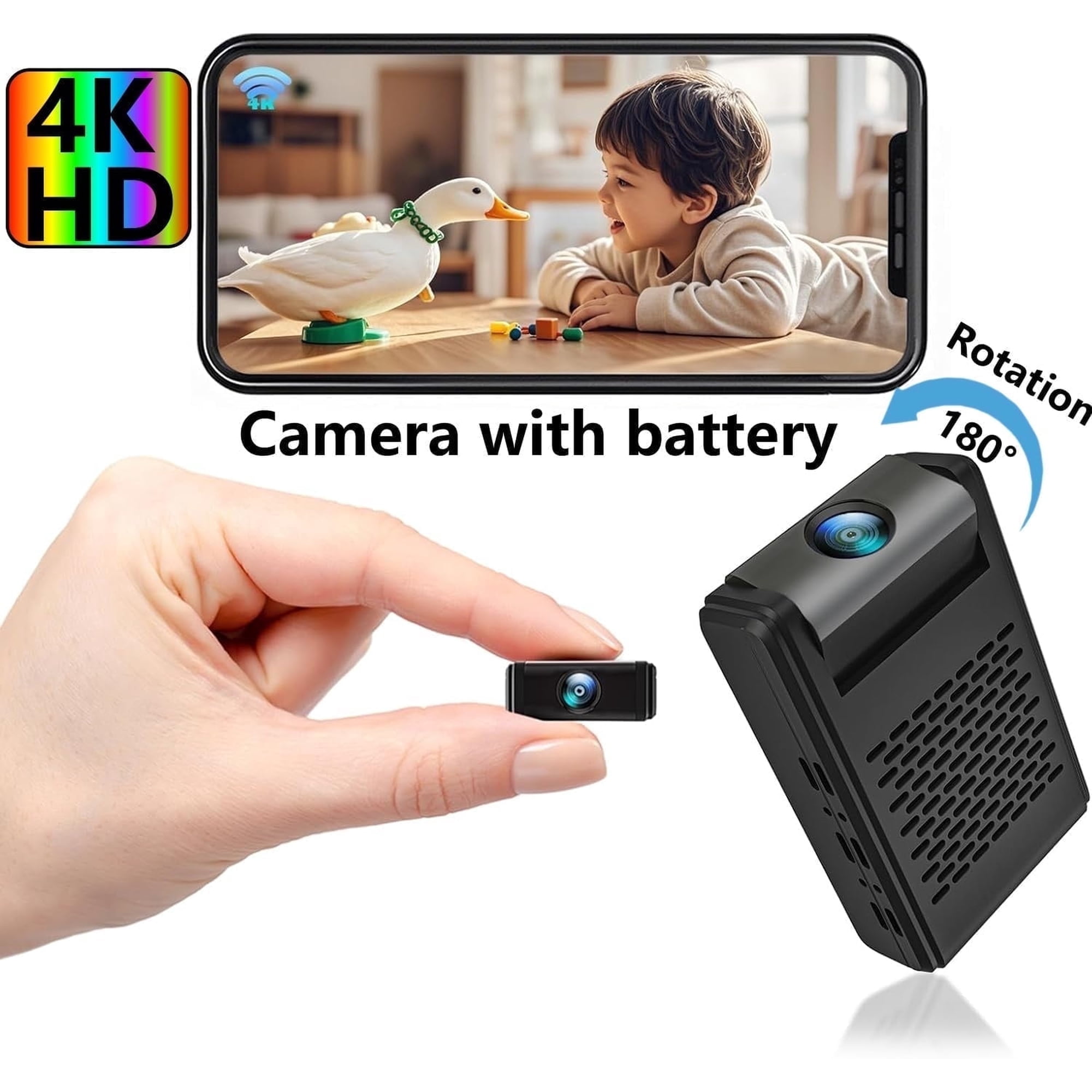 Mini Camera , Mini Security Camera, Nanny Cam with 180°Rotating Lens, 4K WiFi Wireless Surveillance, Motion Detection, Auto Night Vision