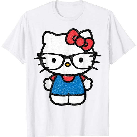 Hello Kitty Distressed Nerd Glasses DTG Print Unisex T-Shirt