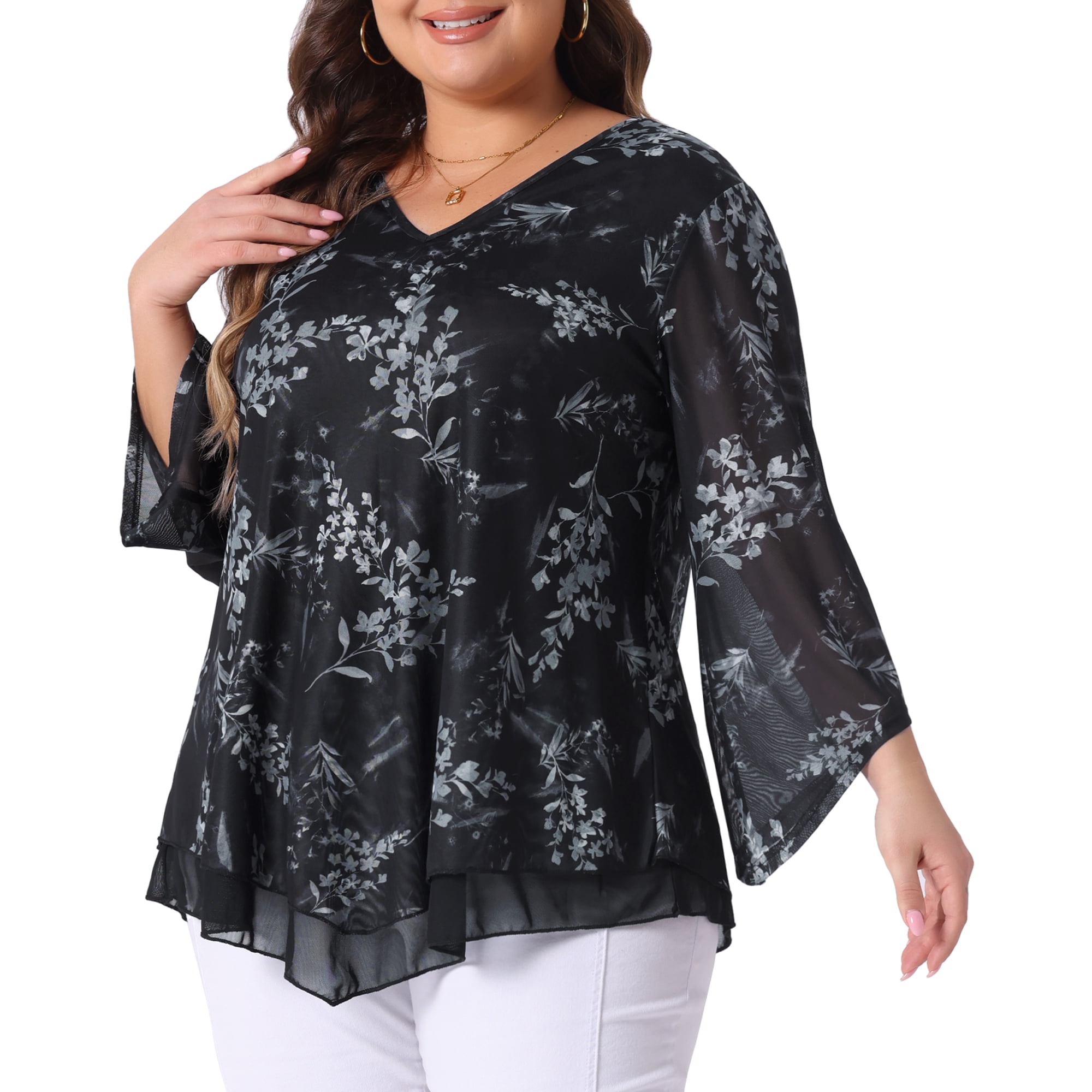 Women's Plus Women's Dressy Blouse V Neck Mesh Casual Flowy Work Shirts 3X Black