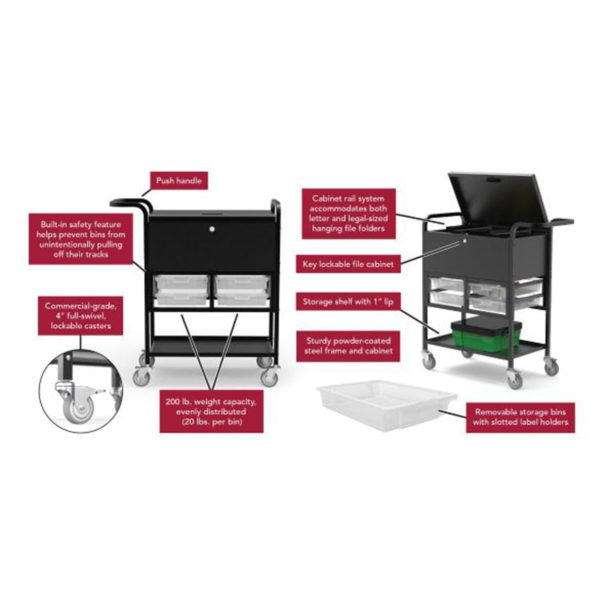 Home Office Modern File Cart With Locking Cabinet And Storage Bins
