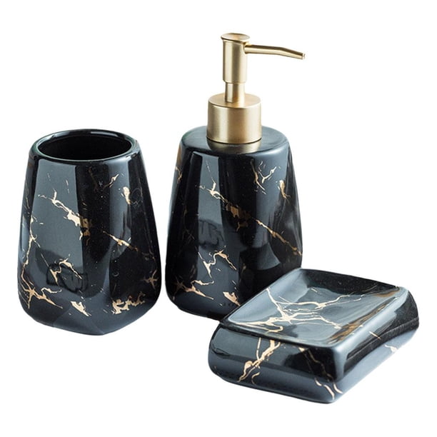 Kit de Accesorios de Baño CERÁMICA Dispensador de Jabón Líquido Aspecto Mármol Vaso, Negro 3 piezas