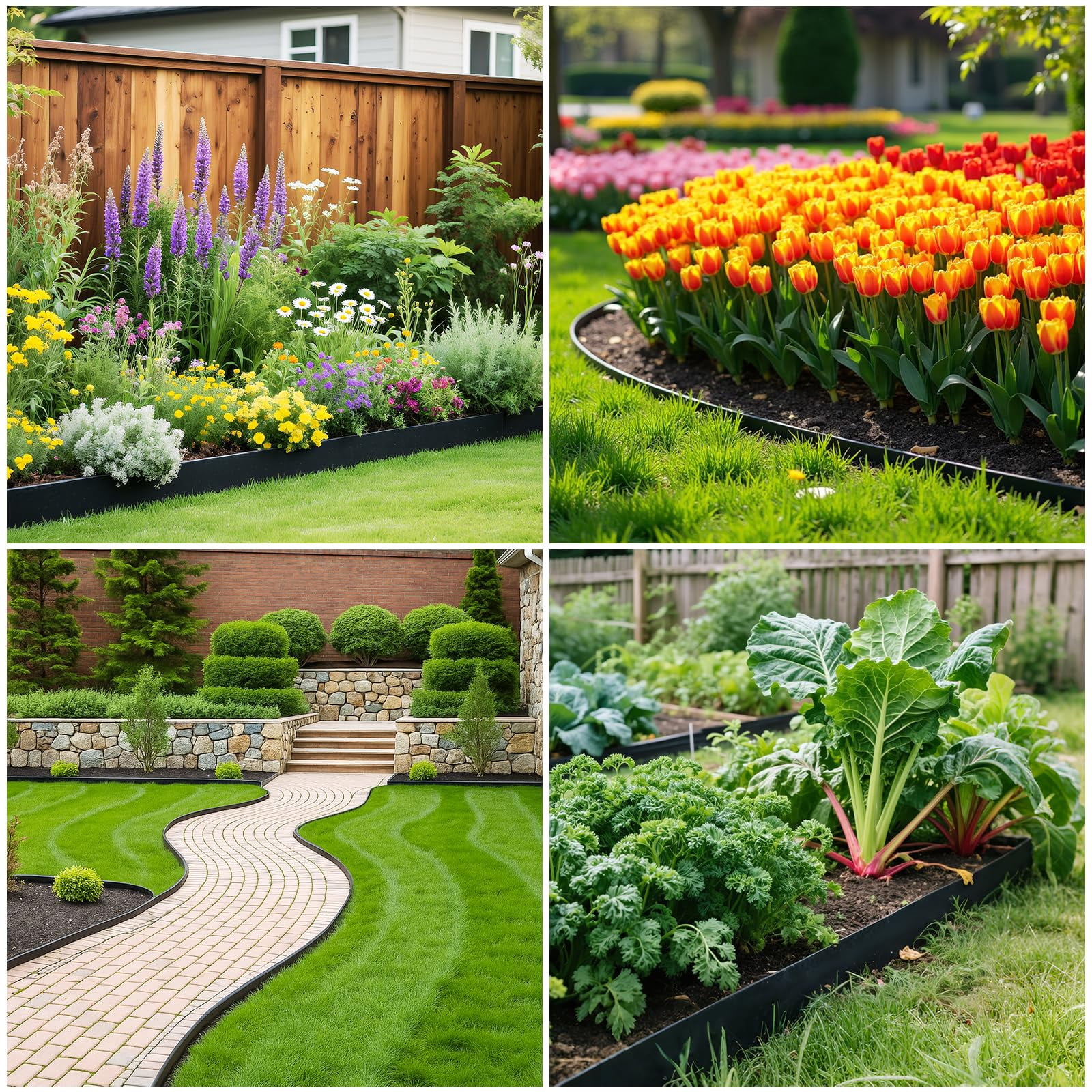 Landscape Edging Kit 33FT 1.5in Tall with 50 Spikes, No-Dig Plastic Flexible Edge Border for Landscaping, Lawn, Garden, Flower Beds, Yard, Black,1pack 33ft