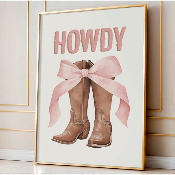 Pink Bow Cowgirl Boots Print, Howdy Western Nursery Decor Home Decor #2674, Unframed Poster Size 8x12