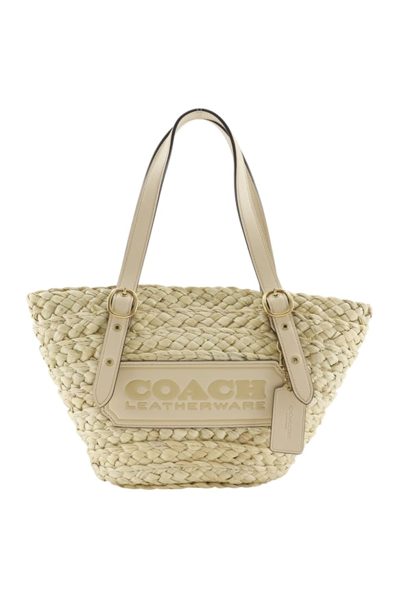 Pre-Owned Coach Structured Tote Bag, CJ638, Straw x Leather, Beige, Magnetic Closure, Women's.